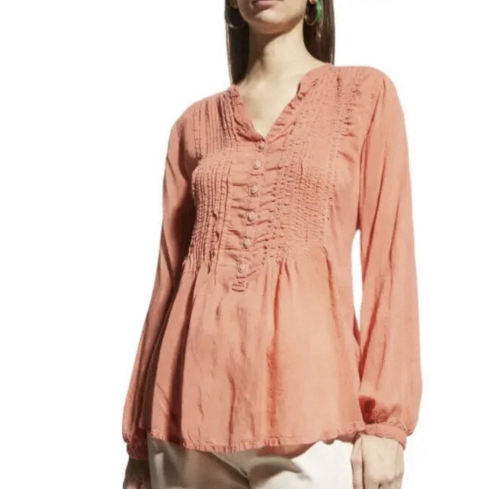 Johnny Was Pandora Tunic Medium Coral Cupra Rayon Pintuck Ruffle Boho Blouse